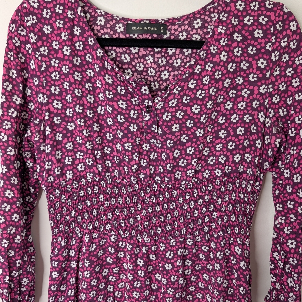 Glam & Fame — Purple Long Sleeve Floral Dress, Size M/L - Picture 7 of 7